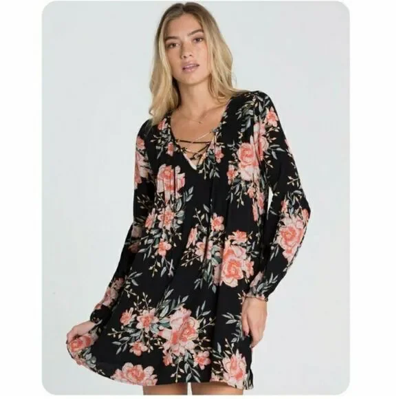 BILLABONG Just Like Us Black Floral lace up long sleeve    Mini Dress size S - Picture 2 of 13